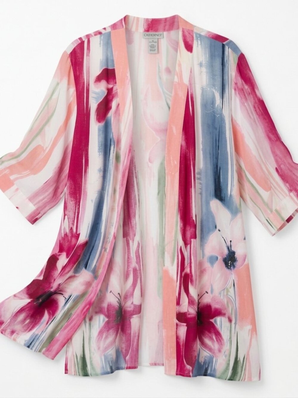 Catherines Women's 3X Floral Kimono Cardigan Pink Blue Boho Plus Size 26/28W